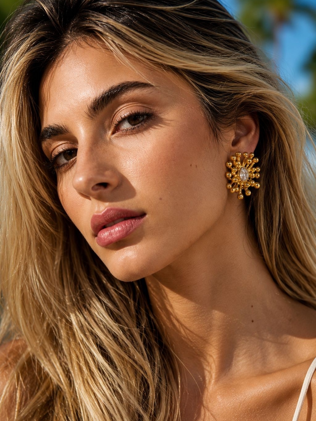 Gold Sunburst Cluster Earrings With Clear Center